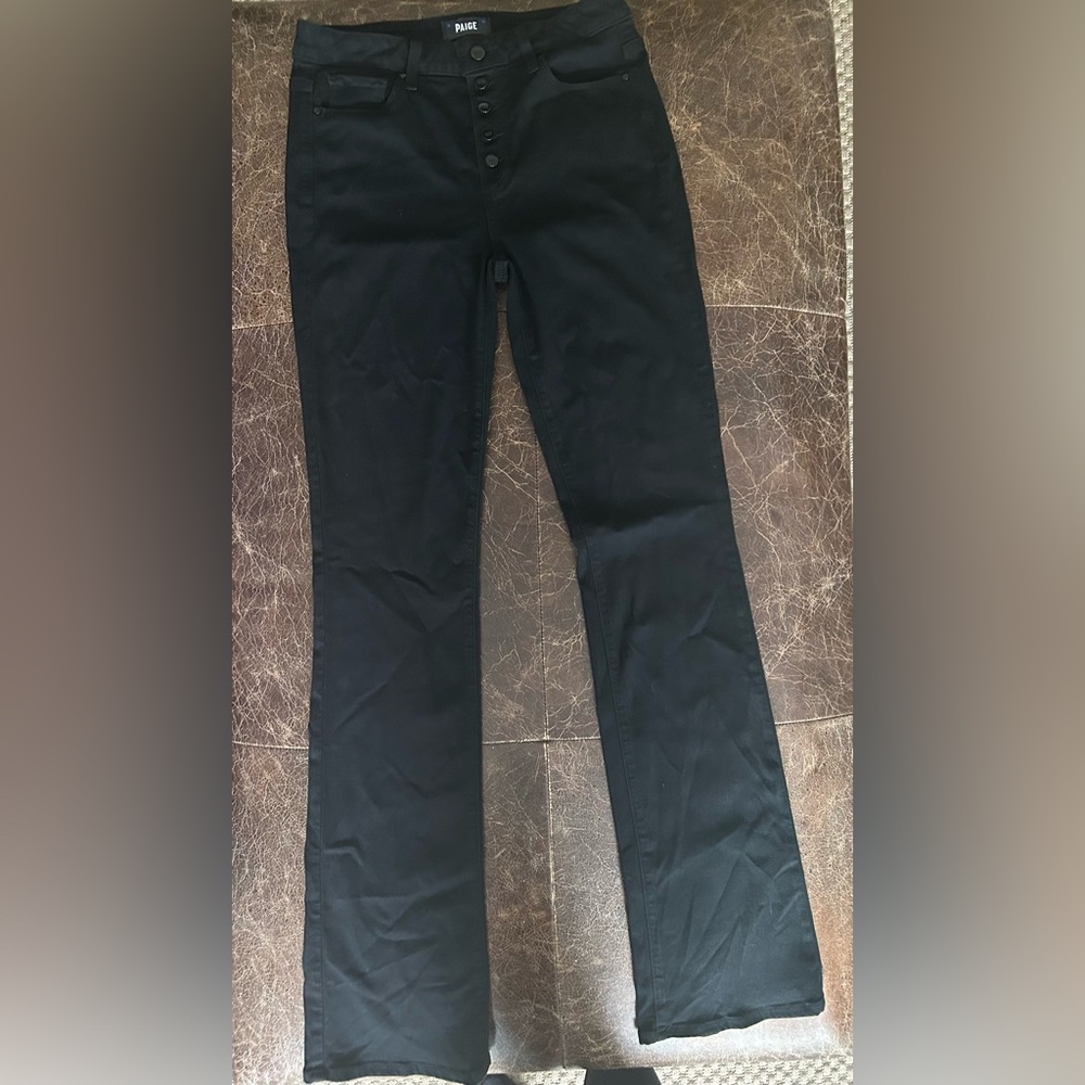 Paige Black High Rise Manhattan Slim Boot Button-Fly Black Denim Jeans